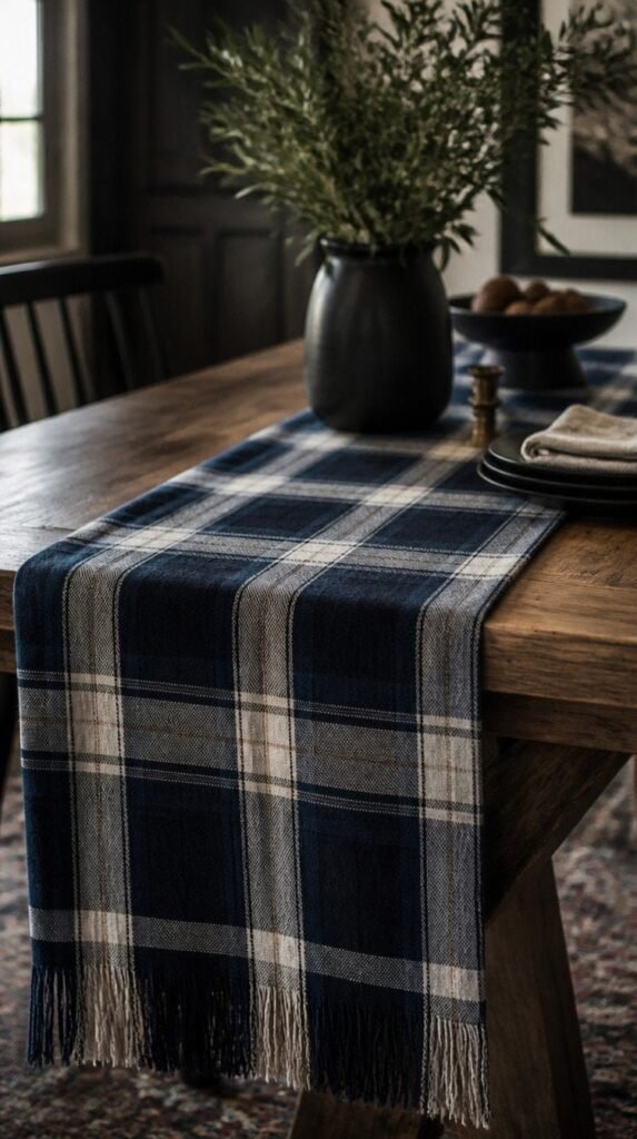 Navy and cream plaid throw used as a table runner