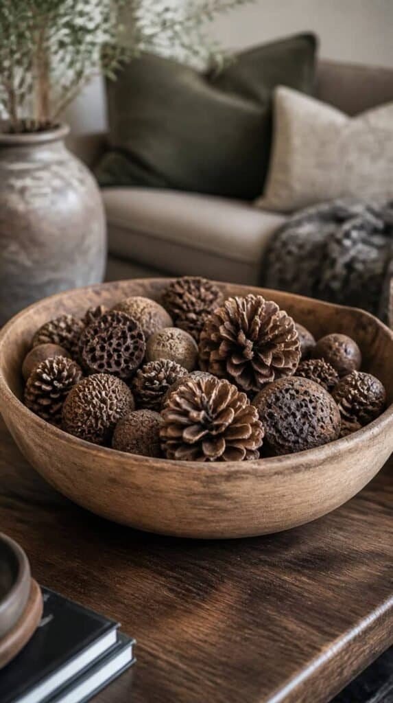 Wide wood bowl filled with natural pinecones and dried seed pods