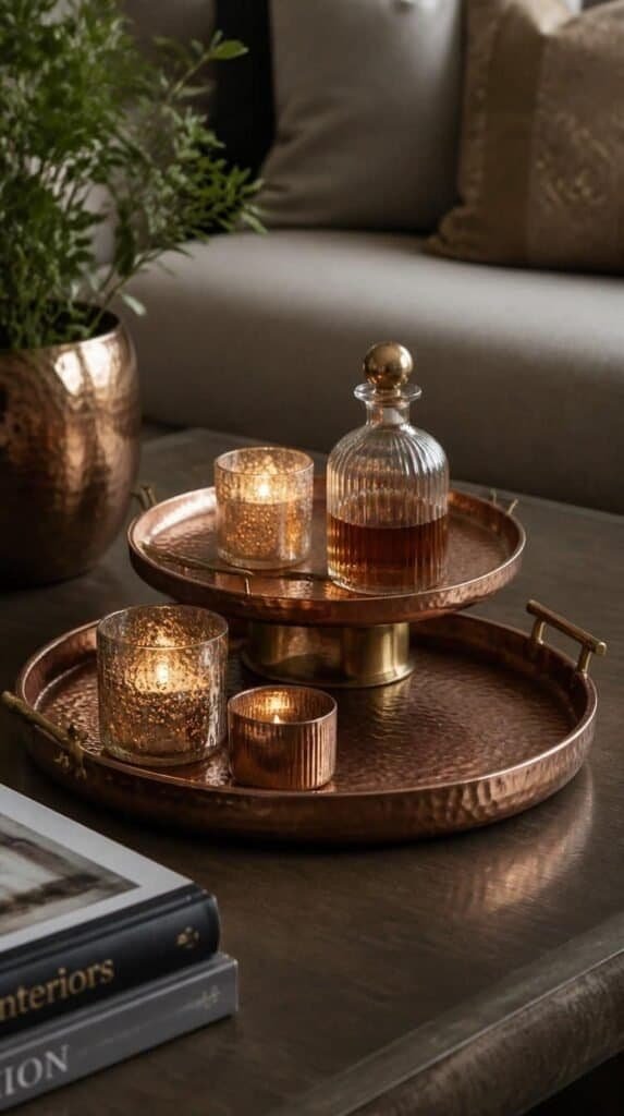 Hammered copper and brass accent trays styled with candles