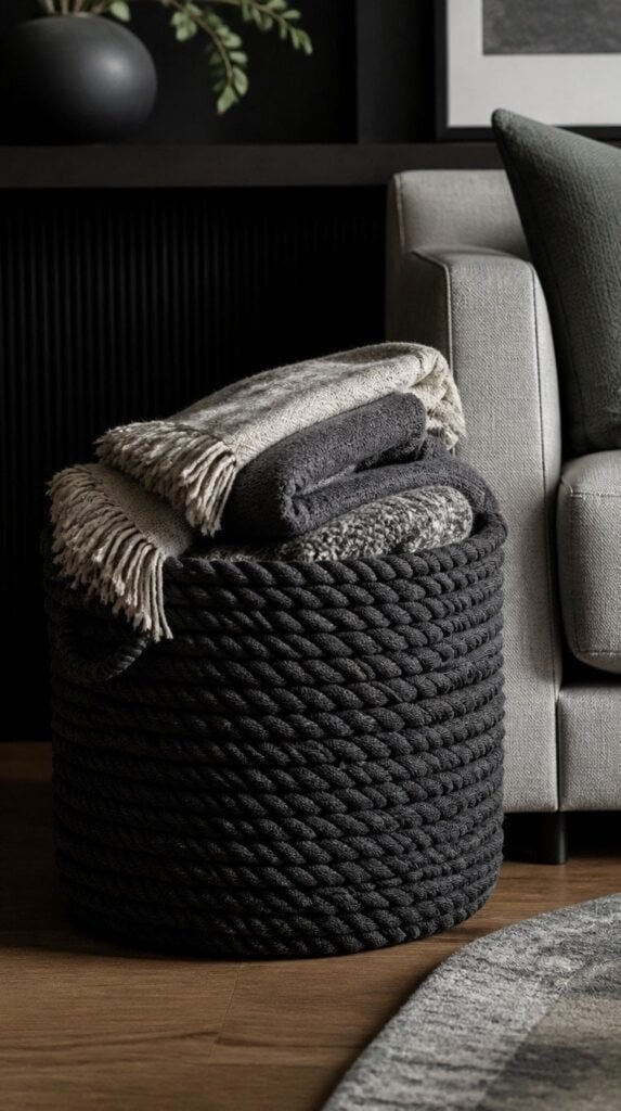 Charcoal woven storage basket holding folded blankets beside a sofa