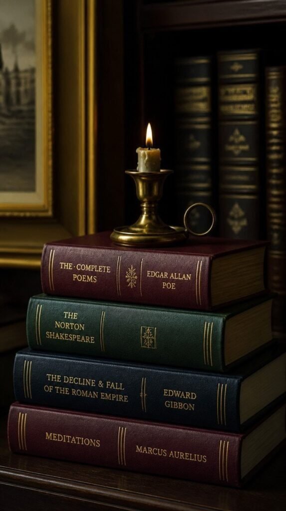 Stack of hardcover books in burgundy, forest, and navy tones with a brass candle