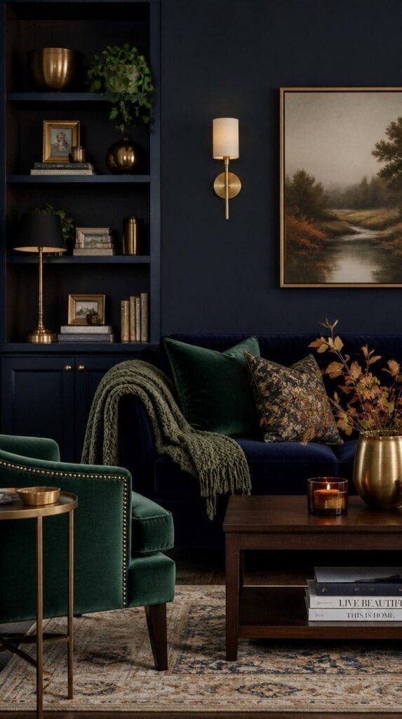 Full styled moody modern fall living room with navy, emerald, and brass accents