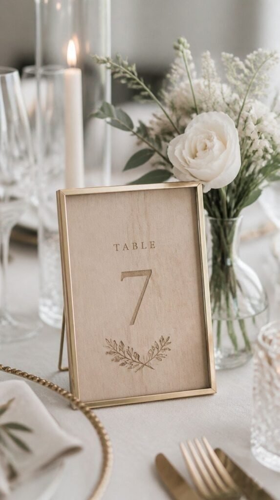 Wood veneer wedding table number in gold frame beside floral bud vase