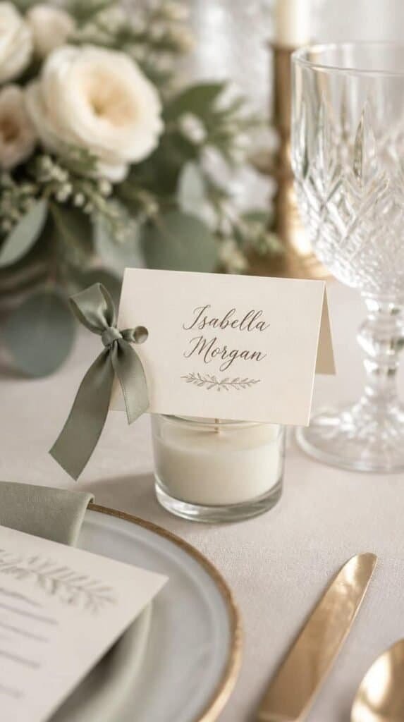 Tented wedding place cards tied to mini candle favors on cream cardstock