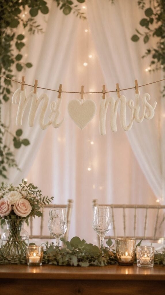 Felt Mr and Mrs wedding banner strung with twine over sweetheart table
