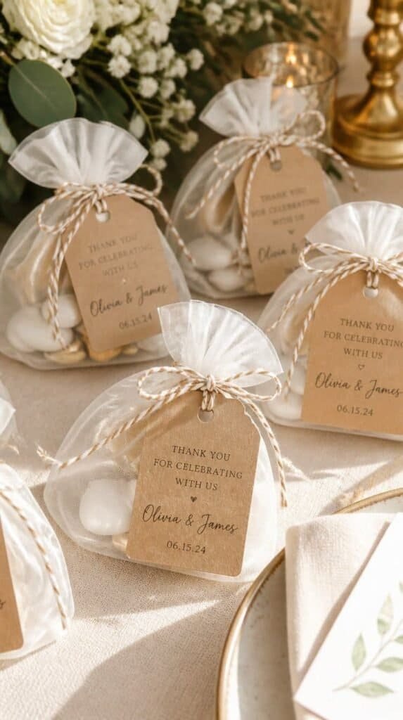 Kraft favor tags tied with baker's twine onto organza wedding favor bags