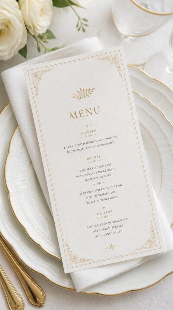 Wedding menu card with delicate gold foil border on set table