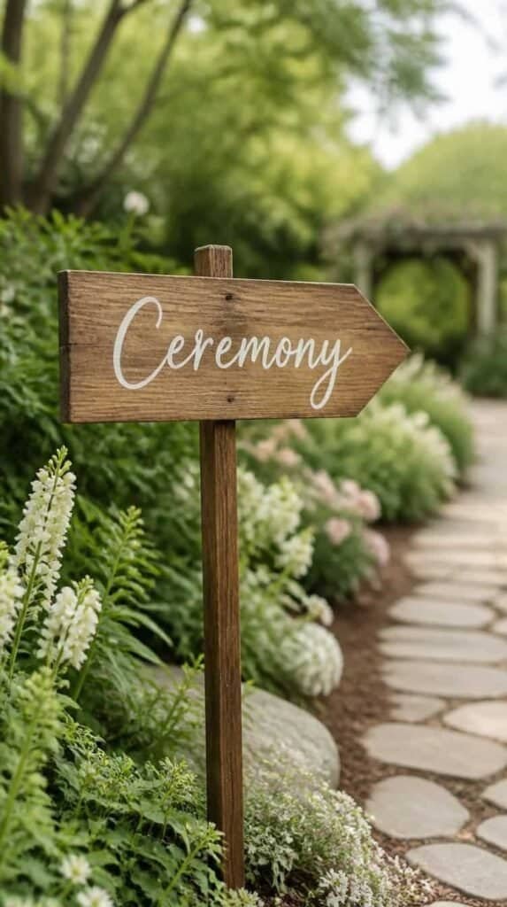 Wood directional arrow wedding sign reading Ceremony along garden path