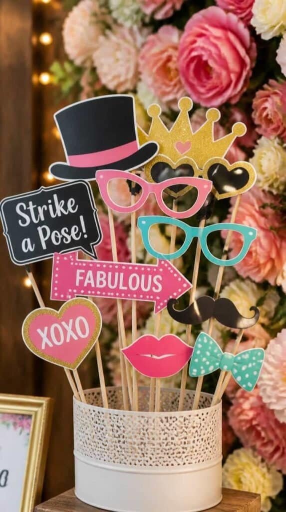 Colorful cardstock photo booth props on wood dowels for wedding reception