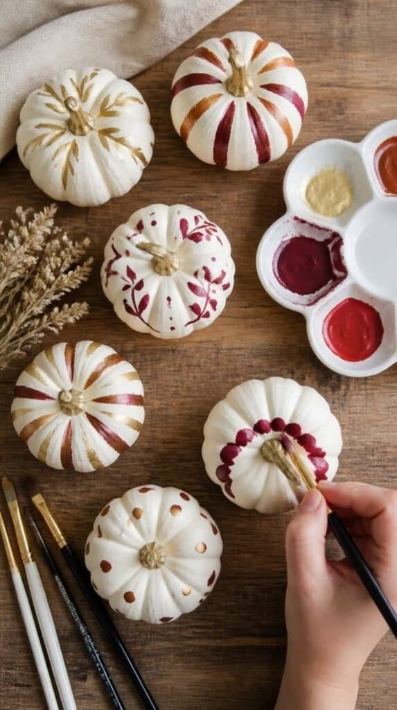 Hand-painted mini white pumpkins with acrylic paint for a fall craft night activity
