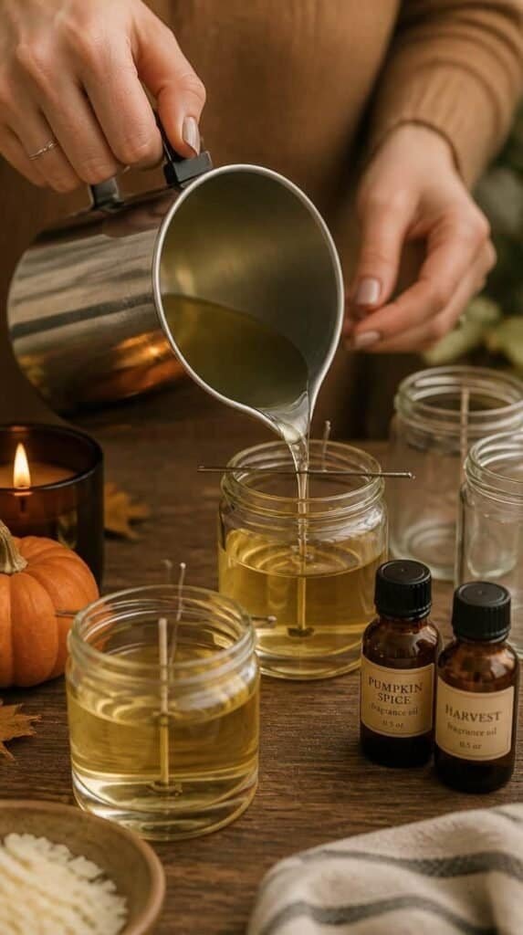 Hands pouring melted soy wax into glass jars for a poured candle craft night project