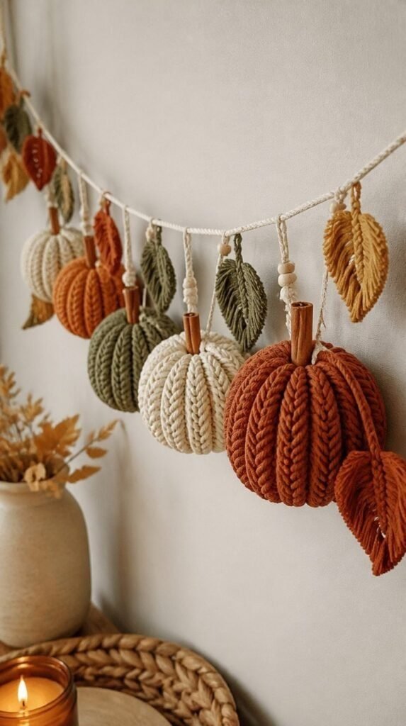 Macrame cord pumpkin garland with cinnamon stick stems hanging on a wall
