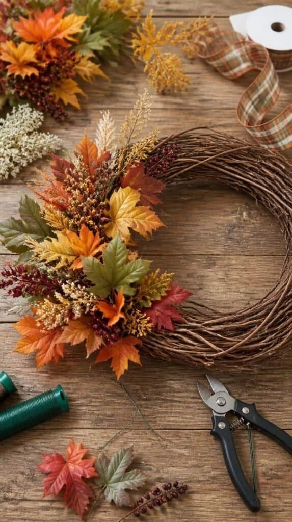 Grapevine fall wreath in progress with silk leaves and wired plaid ribbon
