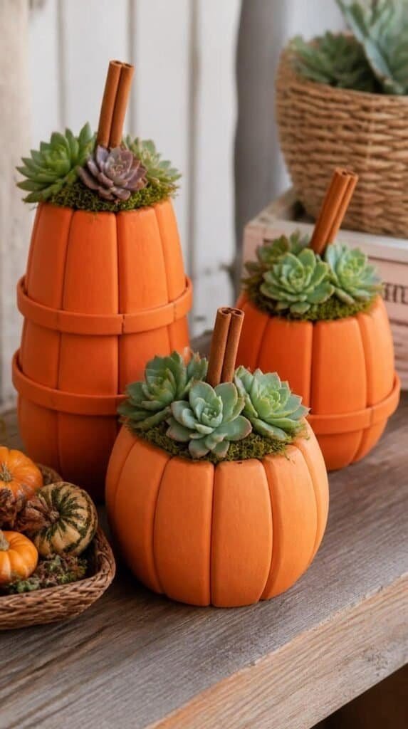 Terra cotta pumpkin planters made from stacked painted pots with succulents