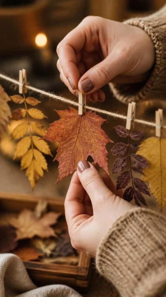 Hands clipping pressed autumn leaves onto a twine wall garland with wood clothespins