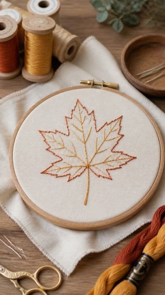 Embroidery hoop fall art stitched with a rust and gold leaf outline design