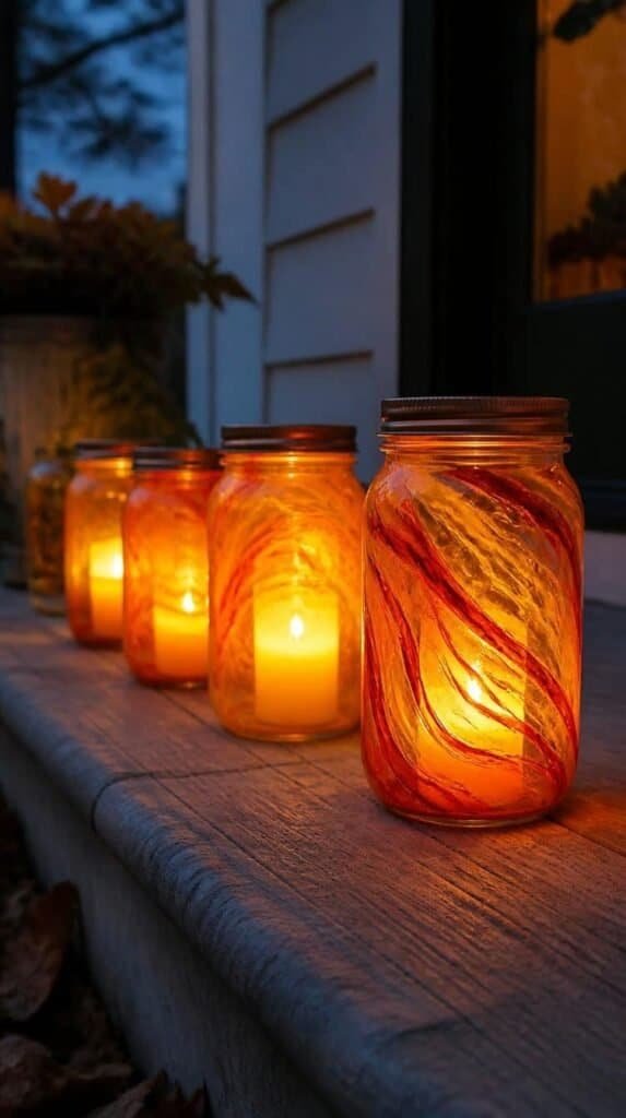 Painted mason jar luminaries with glass paint swirls glowing with candlelight
