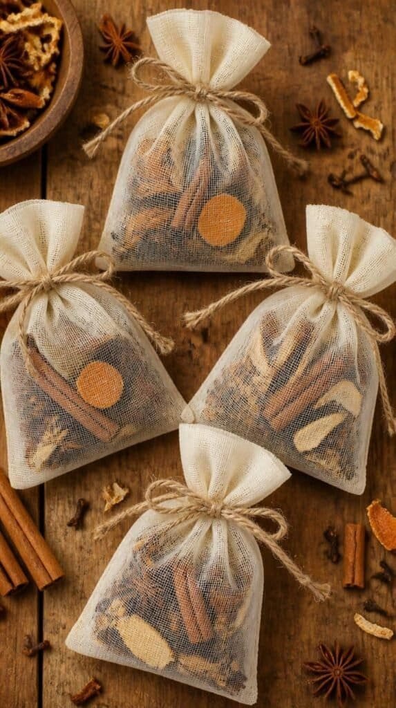 Muslin simmer pot sachets filled with dried orange peel cinnamon and cloves