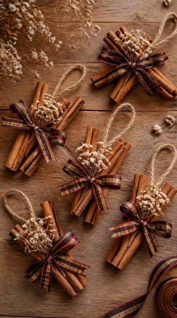 Cinnamon stick bundle ornaments tied with plaid ribbon and dried baby's breath