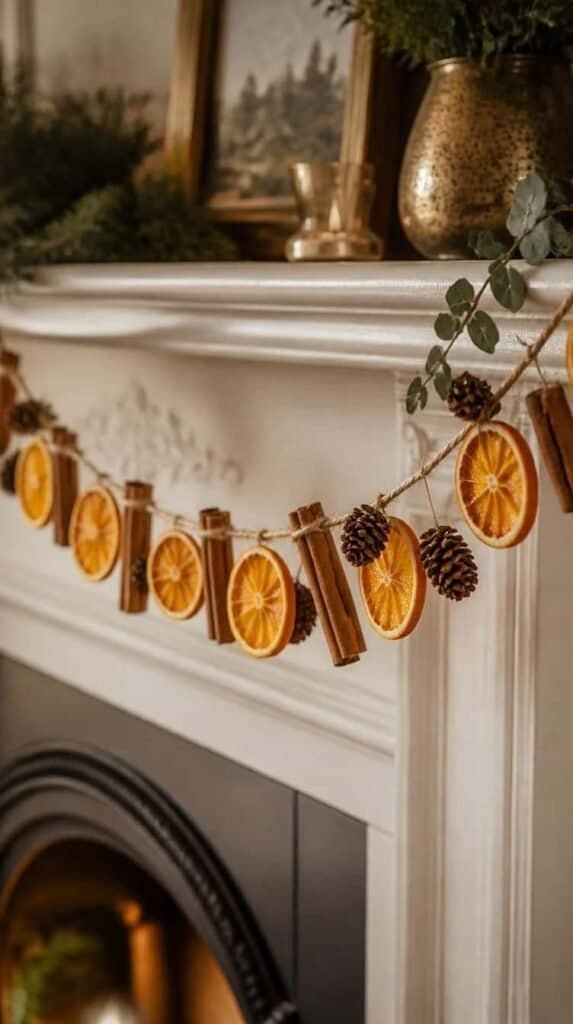 Dried orange slice garland strung on twine with cinnamon sticks and pinecones