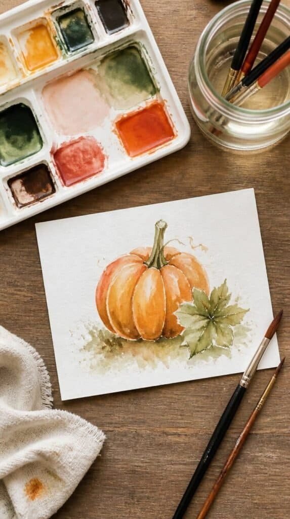 Watercolor fall postcards painted with loose pumpkin and leaf illustrations