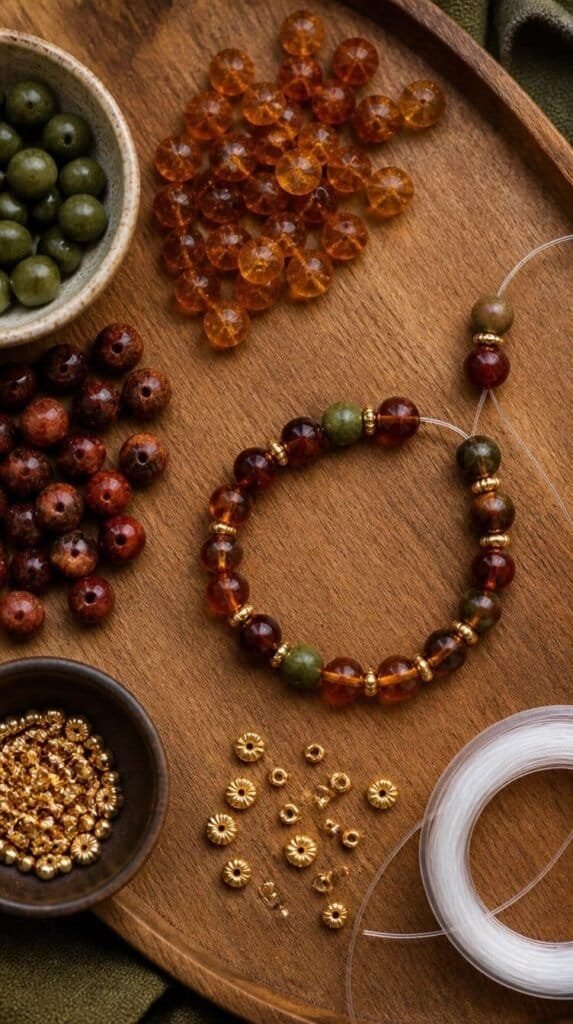 Beaded autumn bracelets in amber and rust beads laid out on a wooden tray