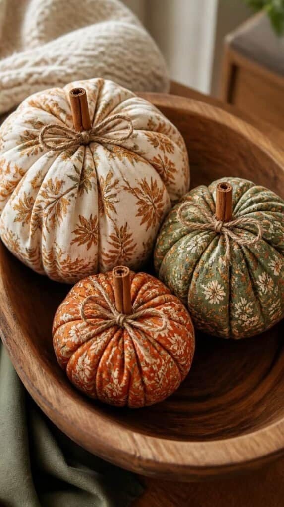 No-sew fabric pumpkins made from fall print fabric with cinnamon stick stems