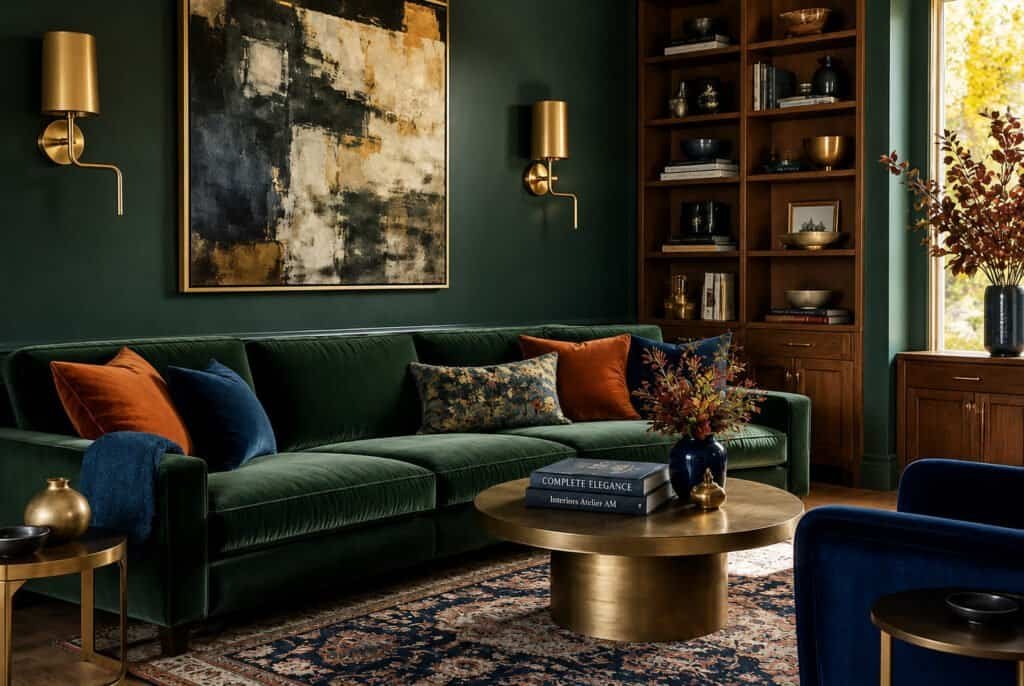 Styled living room with jewel tone decor and rich fall color palette