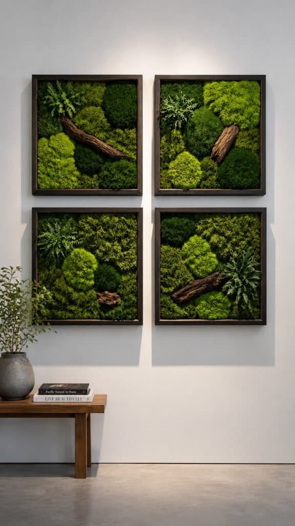 Four matching preserved moss shadow box frames in a 2x2 grid