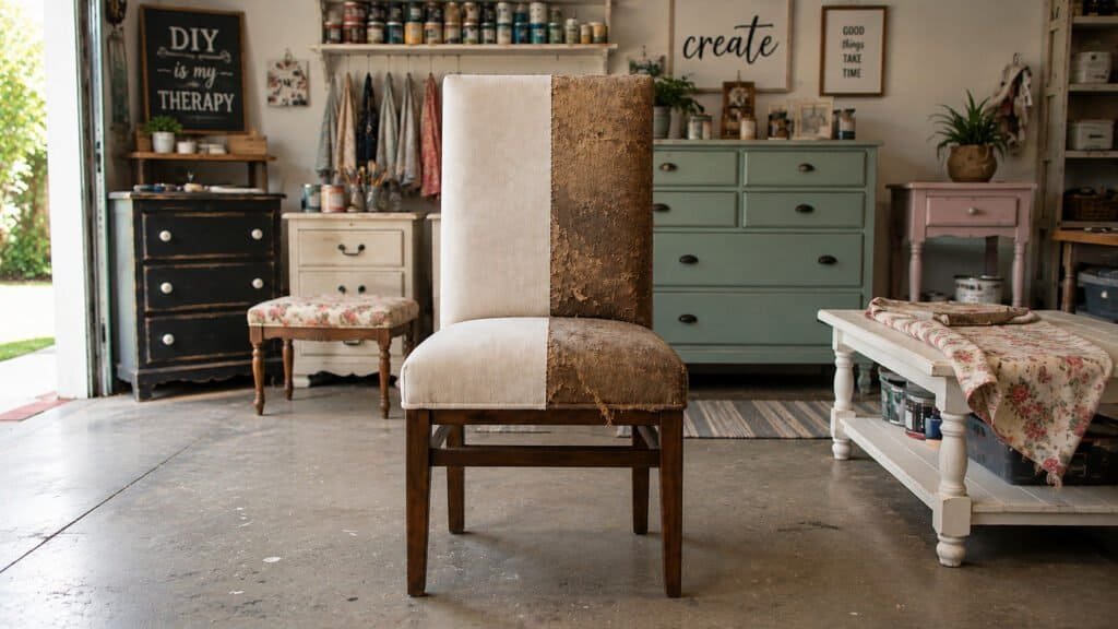 Wood dining chair mid reupholster with new and old fabric on a workbench