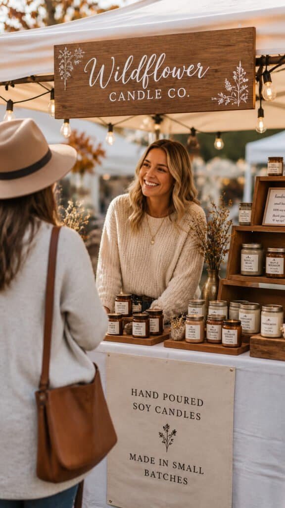 Woman greeting a customer at her craft fair booth with string lights and handmade products at golden hour