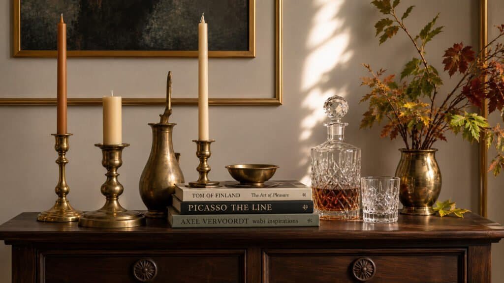 Styled console table with an eclectic mix of thrifted brass candlesticks, leather books, and a crystal decanter