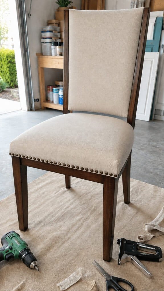 Finished reupholstered dining chair seat being screwed back onto the wood frame