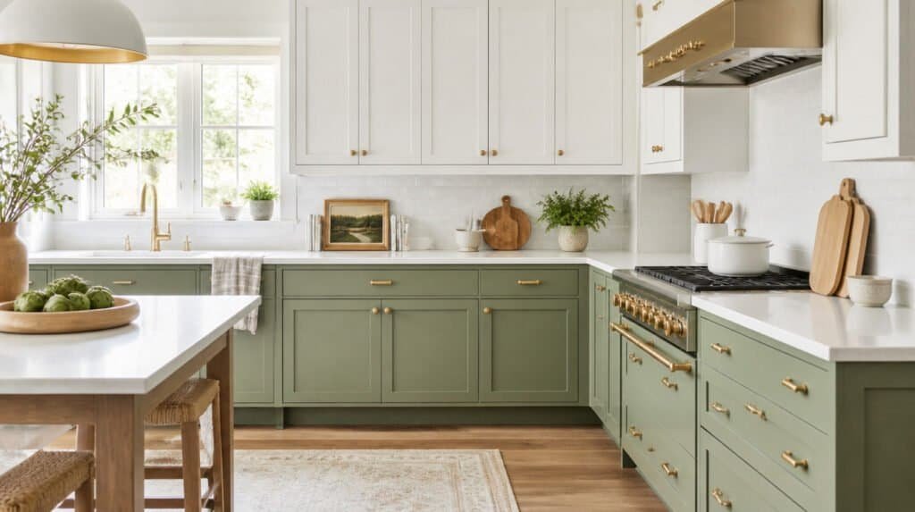 Bright kitchen with wasabi green cabinets, brass hardware, and warm wood accents