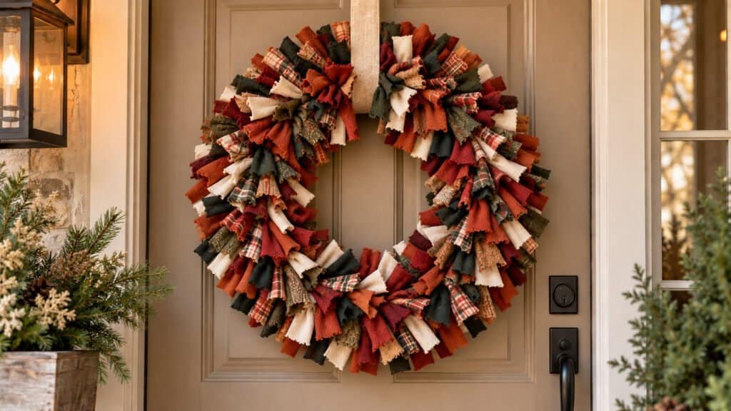 Photorealistic finished DIY fabric wreath displayed on a warm neutral front door