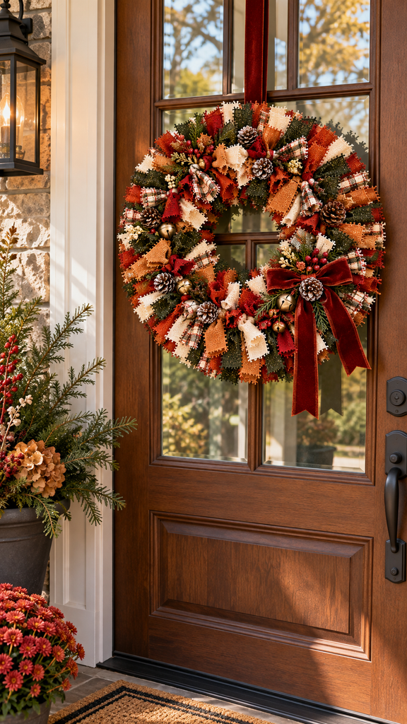 Photorealistic DIY fabric wreath hanging from a wide velvet ribbon on a warm neutral exterior door