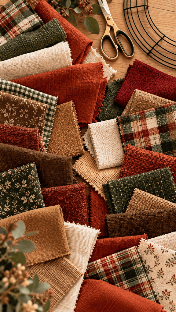 Photorealistic overhead view of coordinating fabric swatches spread across a craft table, beautiful mix of rust, camel, cream, olive green, forest green, cranberry and chocolate brown fabrics.
