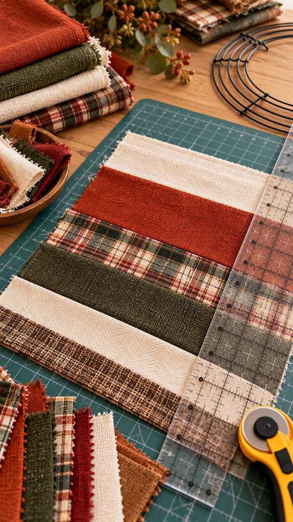 Photorealistic close overhead view of fall and winter fabrics being prepared for a DIY wreath