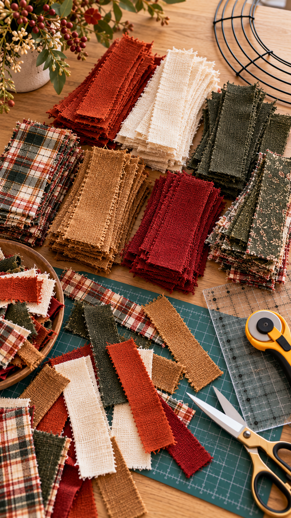 Photorealistic overhead craft scene showing fabric cut into evenly sized strips for a DIY fabric wreath