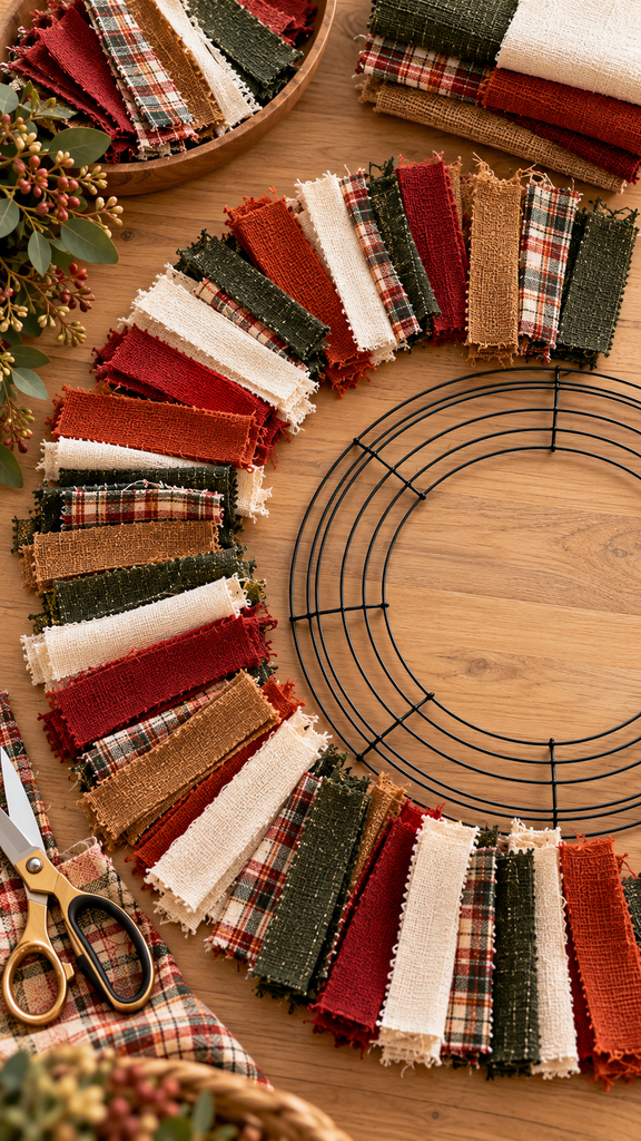 Photorealistic overhead view of fabric strips arranged into repeating color combinations beside a bare wire wreath form, alternating strips