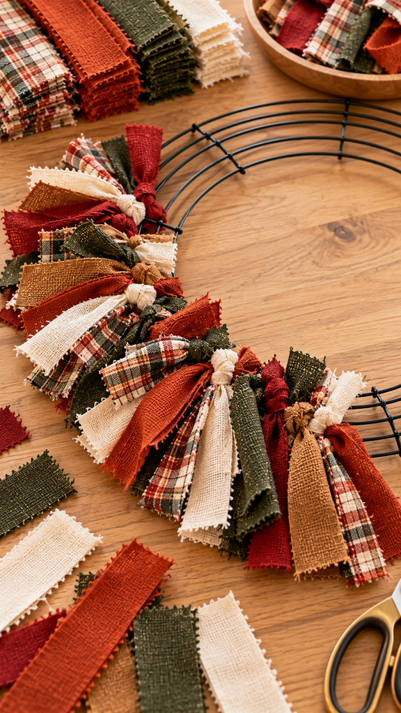 Photorealistic close-up of the beginning stage of a no-sew DIY fabric wreath, several individual fabric strips tied securely around sections of a wire wreath form, rust, cream, olive and plaid fabric ends extending outward toward the front, knots clearly visible so the attachment technique is easy to understand, remaining bare wreath form visible, detailed realistic fabric fibers, bright natural daylight, instructional editorial craft photography, no people, no readable text, no logos, 9:16 vertical.