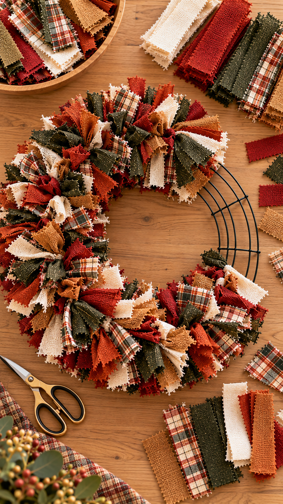 Photorealistic overhead view of a DIY fabric wreath approximately two-thirds completed, dense tied fabric strips covering most of a wire wreath form while one unfinished section remains visible