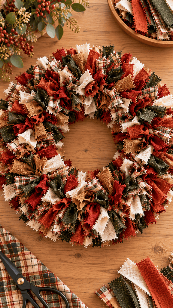 Photorealistic close-up of a fully covered fabric wreath lying on a light wood craft table, tied fabric strips carefully separated and fluffed outward to create a full rounded shape