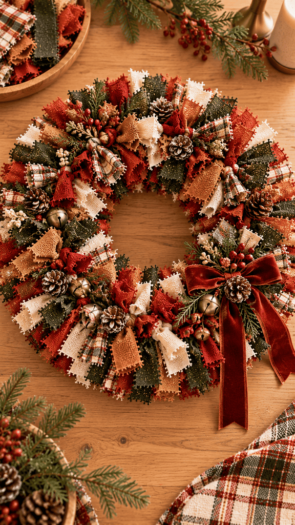Photorealistic finished DIY fabric wreath styled with subtle removable seasonal embellishments.