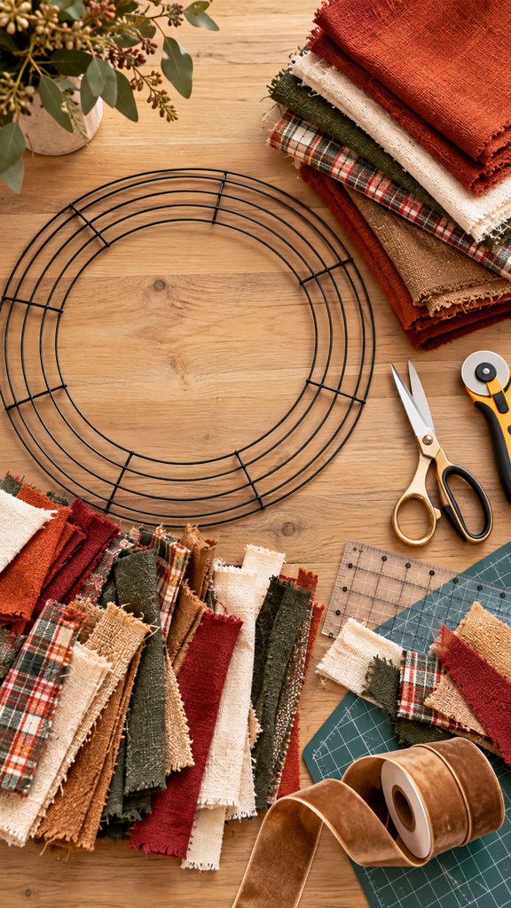 Photorealistic overhead flat lay of supplies for a DIY fabric wreath arranged neatly on a light natural wood craft table