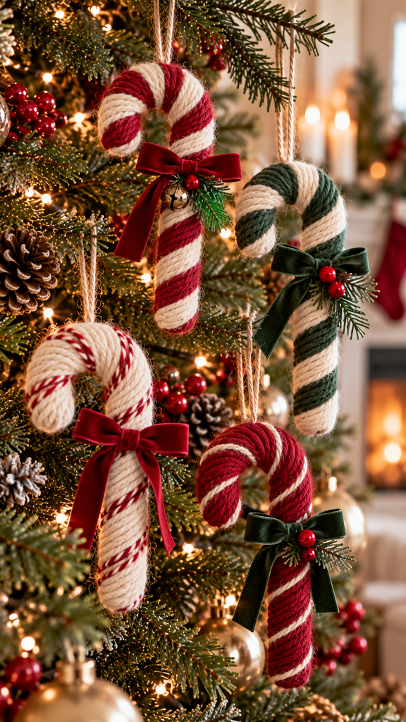 handmade yarn-wrapped candy cane ornaments hanging from evergreen Christmas branches