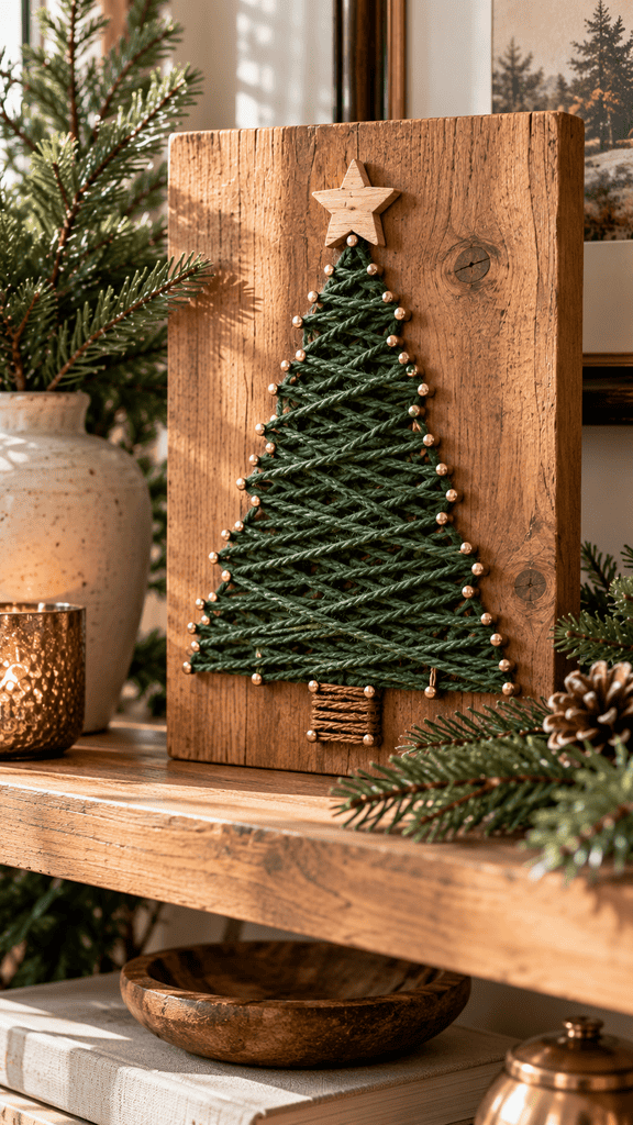handmade Christmas tree string art displayed on a shelf, warm natural wood board