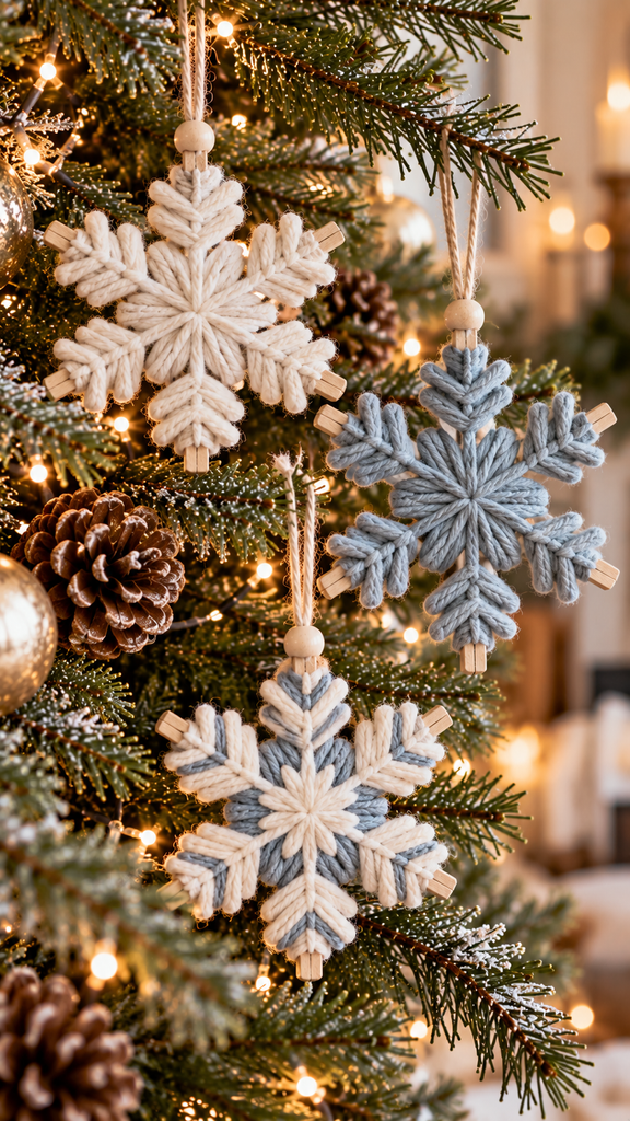 handmade yarn snowflake ornaments hanging from natural evergreen branches