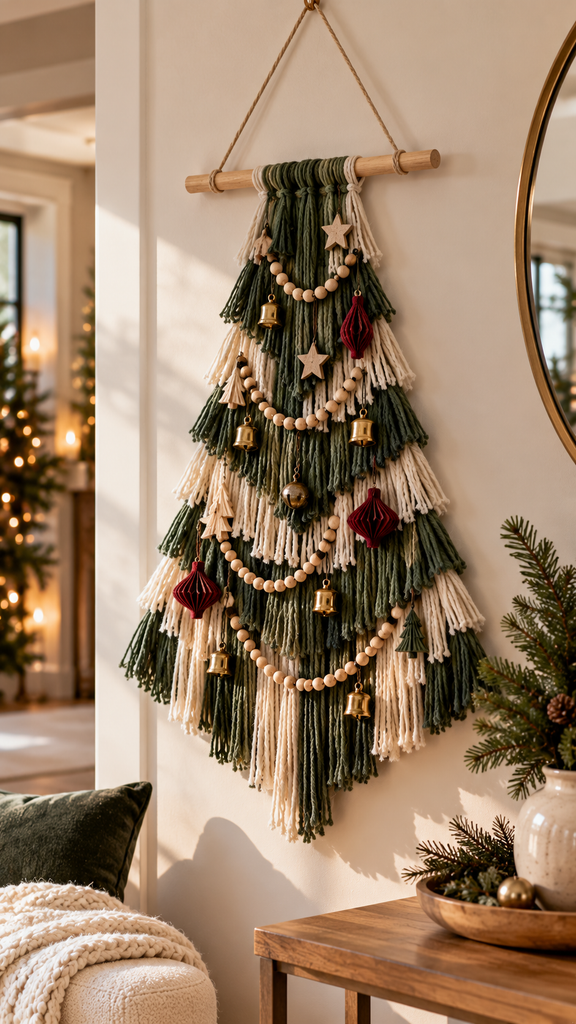 handmade yarn Christmas tree wall hanging displayed on a warm neutral wall