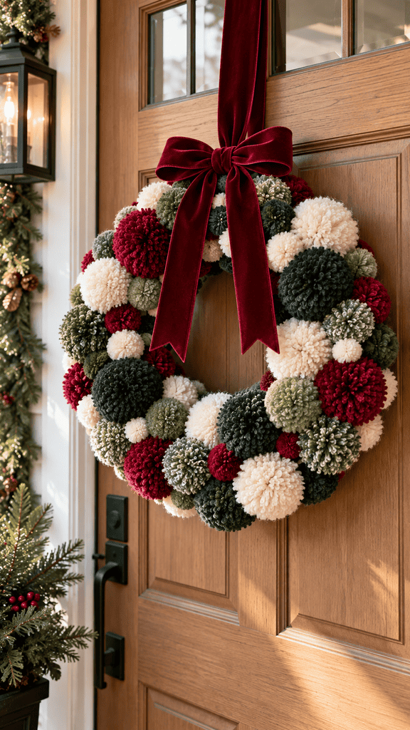 handmade Christmas wreath densely covered with fluffy yarn pom-poms in varying sizes